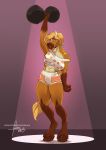  anthro athletic big_breasts biped blonde_hair breasts clothed clothing equid equine exercise female furlana hair hi_res hooves horse looking_at_viewer mammal simple_background smile solo standing weightlifting workout 