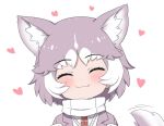  1girl :3 animal_ear_fluff animal_ears blush closed_eyes commentary_request dog_(mixed_breed)_(kemono_friends) dog_ears dog_tail extra_ears eyebrows_visible_through_hair fang grey_hair grey_jacket harness headshot heart jacket kemono_friends multicolored_hair ransusan scarf short_hair solo sweater tail tail_wagging white_hair white_sweater 
