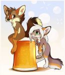 2019 alcohol anthro aseethe beer beverage black_nose brown_eyes canid canine digital_media_(artwork) duo eyelashes female fox grey_fox hair male mammal nude simple_background sitting smile standing urocyon white_hair 