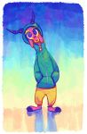  2019 ambiguous_gender antelope anthro barefoot blue_background border bottomwear bovid clothed clothing facial_markings fuel_(artist) fuel_(character) gazelle gradient_background hands_in_pockets head_markings head_tilt hi_res hoodie horn looking_at_viewer mammal markings pants pockets simple_background solo standing topwear white_border yellow_background 