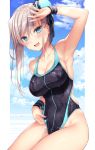  1girl adjusting_clothes adjusting_swimsuit arm_up armpits asymmetrical_hair bangs blue_eyes blue_sky blush breasts bun_cover cleavage cloud collarbone commentary_request competition_swimsuit day eyebrows_visible_through_hair fate/grand_order fate_(series) legs_together long_hair looking_at_viewer medium_breasts miyamoto_musashi_(fate/grand_order) miyamoto_musashi_(swimsuit_berserker)_(fate) one-piece_swimsuit open_mouth outside_border pink_hair shikitani_asuka sky solo swimsuit wet wet_clothes wet_swimsuit 
