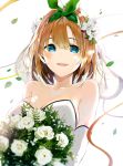  1girl :d bangs bare_shoulders blue_eyes bouquet breasts brown_hair collarbone detached_sleeves dress eyebrows_visible_through_hair flower go-toubun_no_hanayome green_ribbon hair_between_eyes hair_flower hair_ornament hair_ribbon highres large_breasts looking_at_viewer nakano_yotsuba niii_(memstapak) open_mouth ribbon rose simple_background smile solo strapless strapless_dress upper_body white_background white_dress white_flower white_rose white_sleeves 