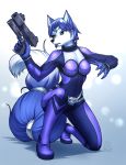  2019 5_fingers absurd_res accessory anthro black_nose blue_fur blue_hair bodysuit breasts canid canine clothed clothing digital_media_(artwork) dipstick_tail female fingers fox fur gun hair hair_accessory hi_res holding_object holding_weapon krystal mammal multicolored_tail mykegreywolf nintendo ranged_weapon short_hair skinsuit solo star_fox tailband tight_clothing url video_games weapon white_fur 