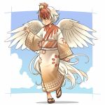  1girl arm_up bird brown_eyes chick commentary_request feathered_wings full_body japanese_clothes kimono multicolored_hair niwatari_kutaka obi red_hair sandals sash short_hair smile solo tail toes touhou two-tone_hair walking white_hair wings yudepii 