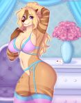  anthro bra canid canine clothing female garter_straps kitsunewaffles-chan lingerie looking_at_viewer mammal smile solo standing thick_thighs underwear 