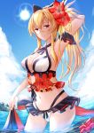  1girl absurdres arm_strap armpits bikini black_bow black_ribbon blonde_hair blue_sky bow breasts cleavage cloud covered_nipples cowboy_shot criss-cross_halter day flower frilled_bikini_bottom granblue_fantasy groin hair_between_eyes hair_bow halterneck hand_in_hair hibiscus high_ponytail highres huge_filesize large_breasts long_hair looking_at_viewer navel ocean outdoors palm_tree parted_lips pink_flower red_eyes red_hair resuta ribbon sky smile solo standing swimsuit tree very_long_hair vira_lilie wading white_bikini 