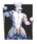 2019 abs absurd_res anthro balls biceps bound canid canine canis chain digital_media_(artwork) eyewear fur hair hi_res humanoid_penis jrjresq looking_at_viewer male mammal muscular muscular_male nintendo nipples nude open_mouth pecs penis simple_background solo star_fox teeth video_games wolf wolf_o&#039;donnell 