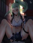  1boy 1girl belt breasts cleavage commentary commission commissioner_upload d-cao denim girl_on_top gloves highres jeans knife large_breasts long_hair looking_at_viewer navel pants ponytail shorts tank_top the_king_of_fighters 