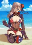  1girl american_flag_bikini arisku asymmetrical_hair bangs beach bikini black_gloves blue_eyes blurry blurry_background blush breasts bun_cover cleavage collarbone commentary_request fate/grand_order fate_(series) fingerless_gloves flag_print gloves hair_bun highres jacket kneeling large_breasts long_hair looking_at_viewer miyamoto_musashi_(fate/grand_order) miyamoto_musashi_(swimsuit_berserker)_(fate) navel ocean one-piece_swimsuit open_clothes open_jacket outdoors pink_hair sky smile solo swept_bangs swimsuit 