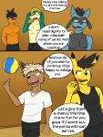  ball bottomwear clothed clothing comic dialogue eevee english_text fuze group hi_res male navel nintendo nipples pikachu pok&eacute;mon pok&eacute;mon_(species) riolu shirt shorts snivy speech_bubble sport tank_top tepig text topless topwear video_games volleyball volleyball_(ball) 