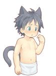  1boy ahoge animal_ears black_hair blush cat_ears cat_tail catboy green_eyes highres male_focus navel nipples open_mouth original shirtless shotac0n simple_background solo tail towel_around_waist white_background 