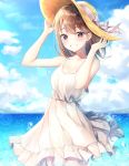  1girl :d bare_arms bare_shoulders blue_sky blush breasts brown_eyes brown_hair brown_headwear bubble cleavage cloud cloudy_sky collarbone cowboy_shot day dress grin hands_up hat hat_ribbon hinaki_(hinaki_0102) horizon looking_at_viewer medium_hair ocean open_mouth original outdoors ribbon sky sleeveless sleeveless_dress small_breasts smile solo standing sun_hat sundress white_dress 
