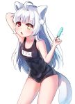  1girl absurdres ahoge animal_ears arm_behind_head arm_up armpits cat_ears cat_tail commentary_request fang food heterochromia highres korean_commentary kosobin leaning_forward long_hair one-piece_swimsuit open_mouth original popsicle school_swimsuit silver_hair simple_background solo swimsuit tail white_background 