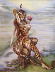  2019 anthro black_fur brown_hair claws clothed clothing felid female flower fog fur grass hair hand_behind_head hill holding_object holding_sword holding_weapon lily_pad long_hair looking_at_viewer mammal melee_weapon orange_fur outside pantherine plant reflection sitting solo striped_fur stripes stump sword teiirka tiger toe_claws traditional_media_(artwork) water water_lily weapon white_fur 
