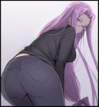  1girl bangs bent_over black_sweater breasts closed_mouth fate/stay_night fate_(series) forehead glasses grey_pants hair_intakes large_breasts long_hair long_sleeves looking_at_viewer looking_back low-tied_long_hair mobu pants parted_bangs purple_eyes purple_hair rider sidelocks simple_background solo sweater very_long_hair white_background 