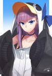  1girl animal_hood bangs bare_shoulders black_jacket blue_background blue_bow blue_choker blue_eyes blush bow breasts choker closed_mouth collarbone dated fate/grand_order fate_(series) gradient gradient_background hair_between_eyes highres hood jacket licking_lips long_hair long_sleeves looking_at_viewer meltryllis meltryllis_(swimsuit_lancer)_(fate) mku penguin_hood purple_hair sleeves_past_fingers sleeves_past_wrists smile solo tongue tongue_out very_long_hair 