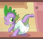  2016 anthro blush cuddlehooves cute_fangs diaper door dragon floor friendship_is_magic furgonomics green_belly green_eyes green_scales green_tail inside looking_back my_little_pony purple_scales purple_tail scales solo spike_(mlp) standing young 