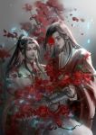  2boys artist_name blurry blurry_background bouquet chinese_clothes closed_eyes copyright_request dreamingpool earrings facing_viewer flower forehead grey_background hair_ornament hair_stick highres holding_hands jewelry long_hair multiple_boys ponytail red_flower sitting sketch very_long_hair wide_sleeves yaoi 