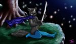  anthro blade canid canine canis clothing creeperzone dark female hi_res katana legwear mammal melee_weapon night scarf socks solo sword weapon wolf 