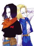  1boy 1girl absurdres android_17 android_18 arm_at_side arms_at_sides back-to-back belt black_hair black_shirt blonde_hair blue_eyes brother_and_sister denim denim_skirt dragon_ball dragon_ball_z expressionless fanny_pack floating_hair hand_in_hair highres horizontal_stripes jeans light_smile long_sleeves looking_away miiko_(drops7) neckerchief orange_neckwear pants red_ribbon_army shirt short_hair short_sleeves siblings simple_background skirt smile standing striped striped_shirt twins upper_body waistcoat white_background 