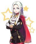  1girl blonde_hair blue_eyes cape cravat edelgard_von_hresvelg fire_emblem fire_emblem:_three_houses gloves hair_ornament hair_ribbon long_hair looking_at_viewer meowyin pantyhose red_cape red_legwear ribbon simple_background smile solo uniform 