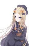  1girl abigail_williams_(fate/grand_order) absurdres bangs black_bow black_dress black_headwear blonde_hair blue_eyes blush bow commentary_request della25 dress fate/grand_order fate_(series) hair_bow hat highres long_hair long_sleeves looking_at_viewer object_hug orange_bow parted_bangs polka_dot polka_dot_bow sleeves_past_fingers sleeves_past_wrists solo stuffed_animal stuffed_toy teddy_bear very_long_hair 