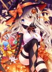  1girl :o ass bare_shoulders basket black_gloves black_legwear blue_eyes breasts brown_hair candy cape cleavage elbow_gloves food food_themed_hair_ornament gloves hair_ornament halloween_costume hat hat_ribbon heterochromia knee_up large_breasts layered_skirt lollipop long_hair looking_at_viewer luca_(nogi_takayoshi) miniskirt nogi_takayoshi one_side_up orange_eyes orange_skirt original parted_lips pumpkin_hair_ornament ribbon shirt skirt sleeveless sleeveless_shirt solo star swirl_lollipop thigh_strap thighhighs twintails white_shirt witch_hat 