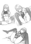  1girl bangs bed_sheet blush bow bow_bra bra breasts cleavage closed_eyes closed_mouth eyebrows_behind_hair fingering fingering_through_clothes fingering_through_panties greyscale highres jacket long_hair long_sleeves lying masturbation masturbation_through_clothing mikazuchi_zeus monochrome multiple_views navel no_pants no_shoes on_back one_eye_closed open_clothes open_jacket original parted_lips school_uniform shirt_lift sleeves_past_wrists small_breasts spread_legs thighhighs through_clothes underwear very_long_hair white_background 
