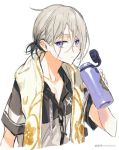  1boy akira_hou blue_eyes bottle contemporary fate/grand_order fate_(series) gao_changgong_(fate) male_focus silver_hair towel towel_around_neck watermark web_address white_background zipper 