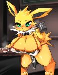  2019 3_toes anthro beverage big_breasts blush bodily_fluids bow_tie breasts coffee eeveelution female fur green_eyes hi_res jolteon lao_cia looking_at_viewer nintendo pok&eacute;mon pok&eacute;mon_(species) short_stack slightly_chubby solo sweat thick_thighs toes tongue tongue_out video_games voluptuous white_fur yellow_fur 