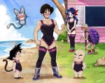  artist_name bald beard black_eyes black_hair blue_eyes blue_footwear blue_hair blue_sky blush boots breasts cleavage cloud crossdressing dizim dragon_ball dragon_ball_(classic) facial_hair grass hair_ribbon highres house kuririn lunch_(dragon_ball) medium_breasts monkey_tail muscle muten_roushi open_mouth puar ribbon shoes signature sky smile sneakers son_gokuu staff sunglasses tail thighhighs turtle_shell yamcha 