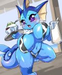  2019 3_toes anthro beverage big_breasts blue_skin blush bodily_fluids breasts eeveelution female food hi_res lao_cia milk navel nintendo open_mouth pok&eacute;mon pok&eacute;mon_(species) short_stack slightly_chubby solo sweat thick_thighs toes vaporeon video_games voluptuous 