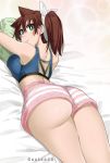  1girl absurdres amano_megumi amano_megumi_wa_suki_darake! artist_name ass back bead blue_bra blush bra breast_press breasts brown_hair colorized derivative_work gaston18 green_eyes hair_between_eyes highres large_breasts long_hair looking_at_viewer looking_back lying micro_shorts nekoguchi on_bed on_stomach pillow pillow_hug pink_shorts ponytail shorts smile solo sports_bra striped striped_shorts thighs towel towel_on_head underwear 