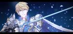  1boy armor artist_name black_gloves blonde_hair blue_background blue_cape cape gloves highres holding holding_sword holding_weapon looking_at_viewer male_focus quan_zhi_gao_shou silence_(txx961410160) simple_background smile solo sword troubling_rain upper_body watermark weapon web_address 