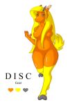  anthro biped blonde_hair bovid breasts caprine digital_media_(artwork) disc~osz featureless_breasts featureless_crotch female full-length_portrait fur goat hair horn leg_markings long_hair mammal markings multicolored_fur nude orange_fur portrait short_tail simple_background socks_(marking) solo text two_tone_fur white_background yellow_fur yellow_tail 