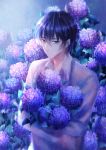  1boy absurdres black_hair blue_eyes blurry character_request flower grey_sky highres holding holding_flower hydrangea looking_at_viewer male_focus outdoors quan_zhi_gao_shou rain solo standing upper_body yingsu_jiang 