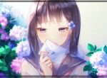  1girl backlighting bangs black_sailor_collar blue_flower blush brown_hair closed_mouth commentary_request envelope eyebrows_visible_through_hair fingernails flower heart holding holding_envelope hydrangea long_hair love_letter original pink_flower purple_eyes purple_flower rain recotasan sailor_collar shirt solo upper_body white_shirt 