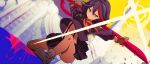 1girl ass bare_legs black_hair black_skirt blue_eyes breasts building dust dutch_angle fingerless_gloves from_above frown gloves holding holding_weapon isozi kill_la_kill kneeling looking_away matoi_ryuuko midriff multicolored_hair orange_sky outstretched_arms paint panties pleated_skirt red_gloves red_hair school_uniform scissor_blade senketsu serious shiny shiny_skin shoes skirt sky solo sparkle streaked_hair striped striped_panties suspenders suspenders_under_shirt thighs underboob underwear v-shaped_eyebrows weapon white_footwear 