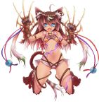  1girl :d animal_ears armlet bell blue_eyes bra braid brown_hair cat_ears cat_tail claw_(weapon) dark_skin fangs full_body fur gradient_hair jingle_bell long_hair multicolored_hair navel official_art open_mouth paws sennen_sensou_aigis short_shorts shorts smile tail transparent_background tsukigami_chronica twin_braids underwear ur_(sennen_sensou_aigis) v-shaped_eyebrows weapon white_hair 