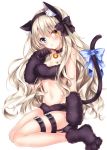  1girl animal_ear_fluff animal_ears bare_legs bare_shoulders bell black_bow black_choker black_gloves blue_bow blue_eyes bow breasts brown_hair cat_ears cat_girl cat_tail choker cleavage collarbone commentary_request gloves groin hair_bow hairband hand_up heterochromia jingle_bell leg_belt lingerie long_hair looking_at_viewer luca_(nogi_takayoshi) medium_breasts navel nogi_takayoshi orange_eyes original paw_shoes shoes simple_background solo tail tail_bow tongue tongue_out underwear very_long_hair wavy_hair white_background 
