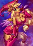  2019 5_fingers absurd_res accessory amethyst_(gem) anthro anthrofied apple applejack_(mlp) armwear blonde_hair breasts choker cleavage clothed clothing cosmic_background cosplay crossover curvy_figure dress earth_pony equid equine eyebrow_through_hair eyebrows eyelashes feathered_wings feathers female fingers fluffy fluffy_tail food freckles friendship_is_magic front_view fruit gem gesture glistening glistening_eyes gloves gold_(metal) gold_jewelry green_eyes hair hair_accessory hair_tie handwear hat headgear headwear hi_res holding_food holding_object holivi horse hourglass_figure humanoid_hands jewelry konami legwear light long_hair long_tail looking_aside looking_at_viewer magician makeup mammal mascara medium_breasts my_little_pony necklace orange_skin pinup plant pony portrait pose prick_ears red_apple red_armwear red_clothing red_dress red_gloves red_hat red_headwear red_legwear shadow signature skimpy small_waist smile snout solo standing tailband teeth thigh_highs three-quarter_portrait translucent translucent_hair v_sign white_feathers wide_hips wings yellow_tail yu-gi-oh 