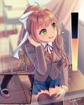  1girl artist_name bangs black_legwear blue_skirt blush breasts brown_hair brown_jacket chair classroom curtains desk doki_doki_literature_club embarrassed eyebrows_visible_through_hair flying_sweatdrops green_eyes hair_ribbon hand_on_own_leg hand_up have_to_pee indoors jacket kakuume legs_together long_hair long_sleeves looking_away looking_to_the_side miniskirt monika_(doki_doki_literature_club) multiple_views neck_ribbon nervous open_mouth pee peeing peeing_self pink_footwear pleated_skirt ponytail red_neckwear red_ribbon ribbon school_desk school_uniform shiny shiny_hair shirt shoes signature sitting skindentation skirt small_breasts smile sparkle sweat teeth thighhighs tied_hair trembling urine_meter wet wet_clothes white_ribbon white_shirt x-ray zettai_ryouiki 
