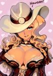  1girl blonde_hair blue_eyes breasts choker cleavage cleavage_cutout commentary corset covered_nipples cowboy_bebop cowboy_hat curly_hair english_commentary english_text epaulettes hand_on_hip hat hat_over_one_eye heart heart_background heart_choker judy_(cowboy_bebop) lace_trim large_breasts long_hair looking_at_viewer no_bra optionaltypo solo 