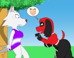  2019 animal_crossing anthro apron apron_only big_breasts black_fur bodily_fluids bottomless breast_size_difference breasts butt canid canine canis cherry_(animal_crossing) clothed clothing covering covering_self day digital_media_(artwork) dipstick_tail domestic_dog drooling duo ear_piercing female flying_sweatdrops food fruit fur green_eyes grey_fur ky_(malamute) long_ears mammal mostly_nude multicolored_tail nervous nintendo open_mouth outside peach_(fruit) piercing plant prick_ears purple_nose red_fur red_nose saliva shaking shirt shirt_only short_stack simple_background suggestive sweat sweatdrop thought_bubble tongue tongue_out topwear tree video_games white_fur whitney_(animal_crossing) wide_eyed wolf 