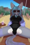  absurd_res alcohol anthro beach beverage breasts canid canine clothed clothing cocktail digital_media_(artwork) eyewear fennec fox fur gynomorph hair hi_res intersex looking_at_viewer mammal one-piece_swimsuit pewas sand seaside smile sunglasses swimwear 