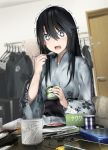  +_+ 1girl araido_kagiri black_hair black_shirt cd_case clothes_hanger clutter commentary_request cotton_swab digital_media_player door drooling dvd_case earbuds earphones eating envelope floral_print food haagen-dazs hair_between_eyes highres holding holding_food holding_spoon ice ice_wings indoors japanese_clothes kimono long_hair obi open_mouth original saliva sash shaking shirt sitting solo spoon sweat tissue tissue_box wings wire yuki_onna 