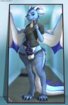  2019 altrue anthro balls belt blue_eyes blue_hair bottomwear cellphone claws clothed clothing digital_media_(artwork) diphallism dragon erection hair hi_res holding_object holding_phone horn jeans knot male membrane_(anatomy) membranous_wings mirror multi_penis pants pants_down partially_clothed penis phone selfie shirt signature skipsy solo toe_claws topwear url wide_hips wings 