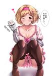  1girl ;) armor asahi_breweries beer_can blonde_hair blush boots breasts brown_eyes brown_footwear can cleavage collarbone commentary_request djeeta_(granblue_fantasy) eyebrows_visible_through_hair granblue_fantasy hairband heart holding holding_can looking_at_viewer medium_breasts one_eye_closed shake_(yawarakataiyo) short_hair smile solo speech_bubble squatting thigh_boots thighhighs translation_request white_background 