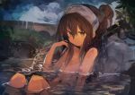  1girl absurdres bangs bathing brown_eyes brown_hair cloud folded_ponytail hair_between_eyes highres inazuma_(kantai_collection) kaamin_(mariarose753) kantai_collection nude onsen outdoors partially_submerged ponytail rock sitting sky solo towel towel_on_head water wet 