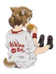  1girl animal_ears bare_legs brown_eyes brown_hair butt_crack dog_ears dog_tail eating english_text food from_behind hamburger holding holding_food mattaku_mousuke original shoes short_hair short_ponytail shorts solo tail white_background 